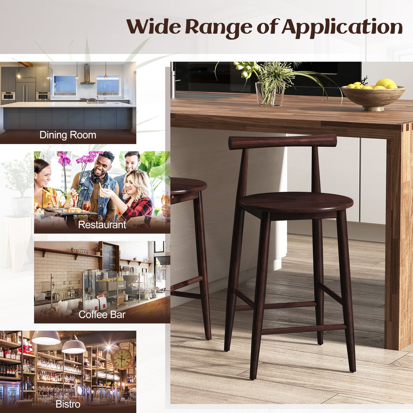 Counter Height Kitchen Island Chairs with Acacia Wood Base and Comfortable 24" Seat – Brown, Set of 2