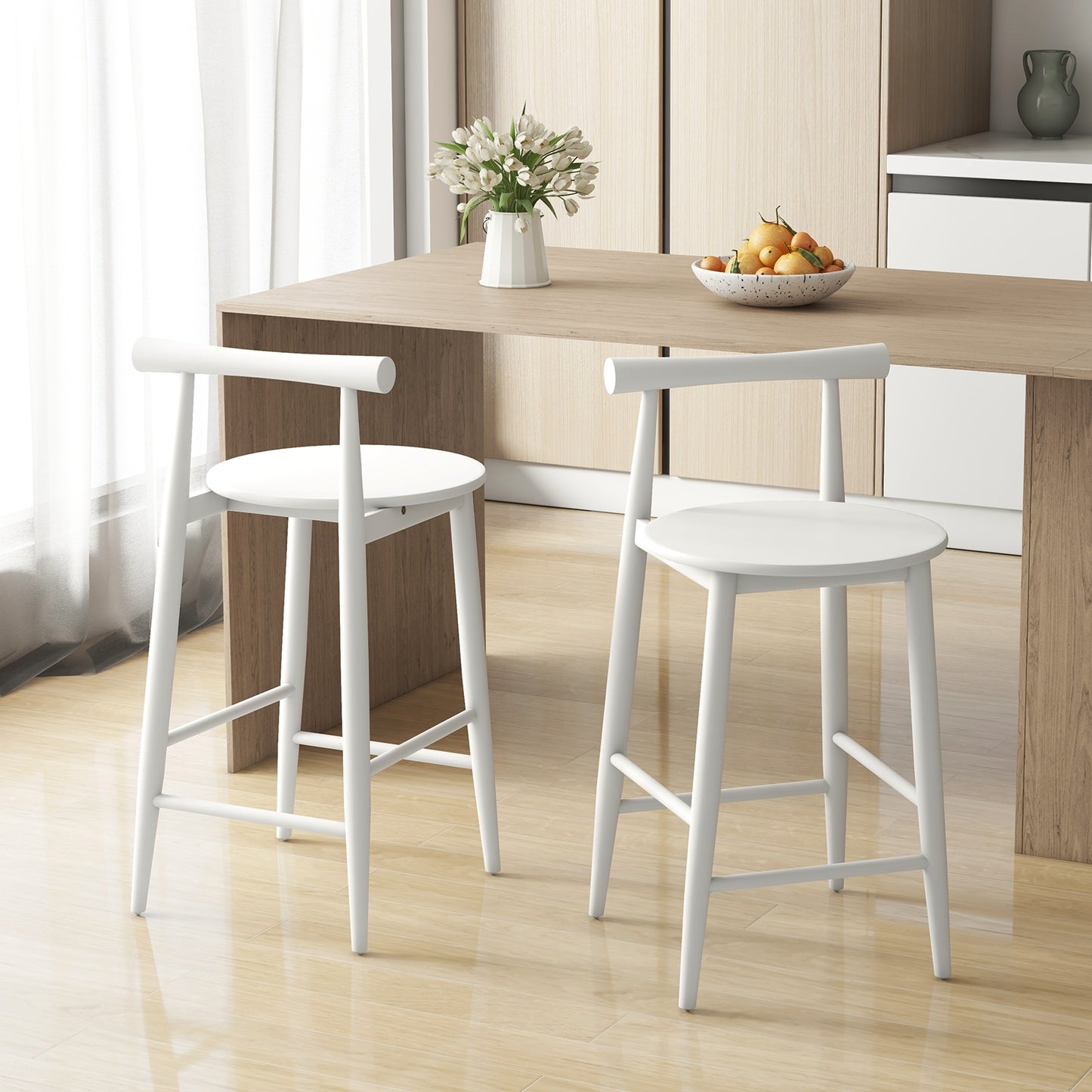 Counter Height Kitchen Island Chairs with Acacia Wood Base and Comfortable 24" Seat – White, Set of 2