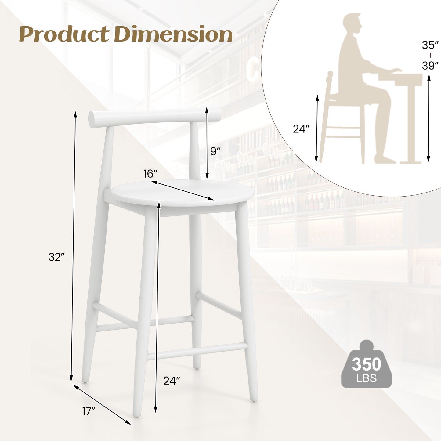 Counter Height Kitchen Island Chairs with Acacia Wood Base and Comfortable 24" Seat – White, Set of 2