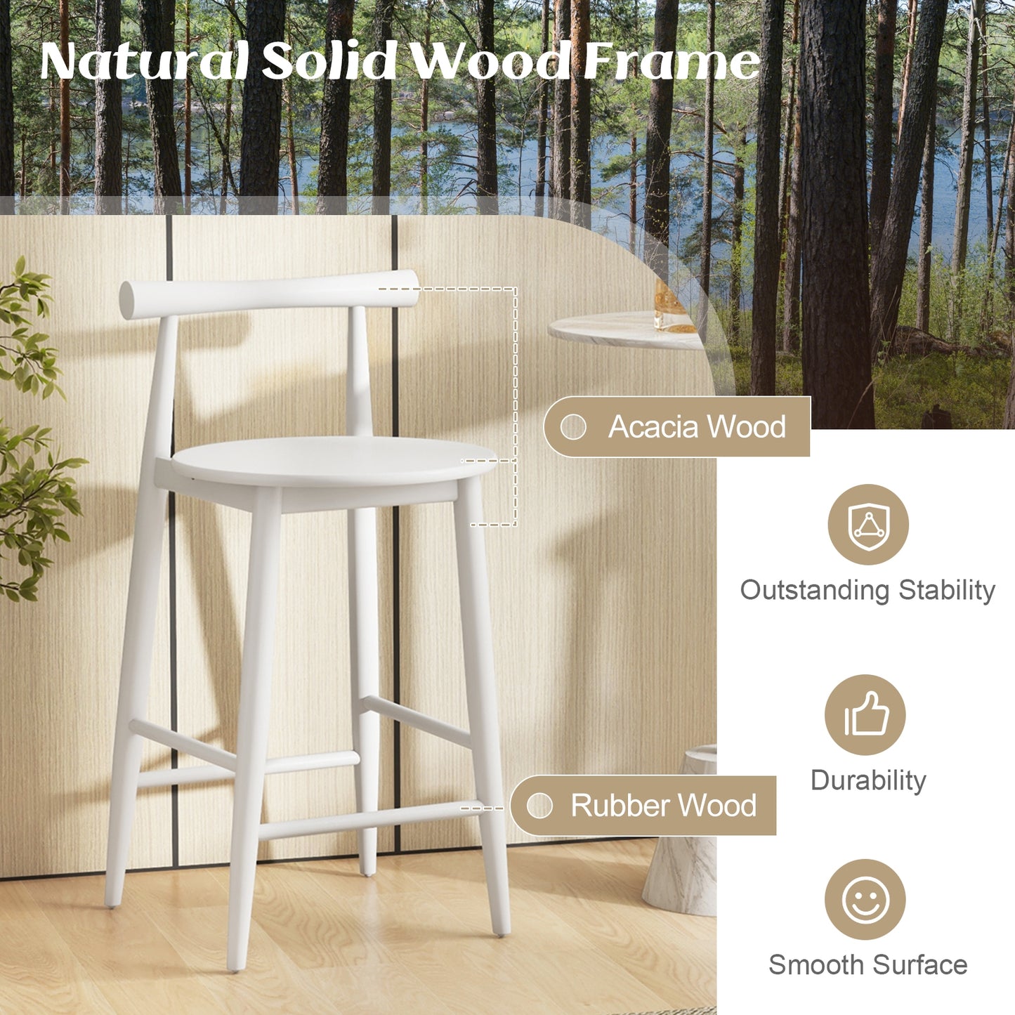 Counter Height Kitchen Island Chairs with Acacia Wood Base and Comfortable 24" Seat – White, Set of 2