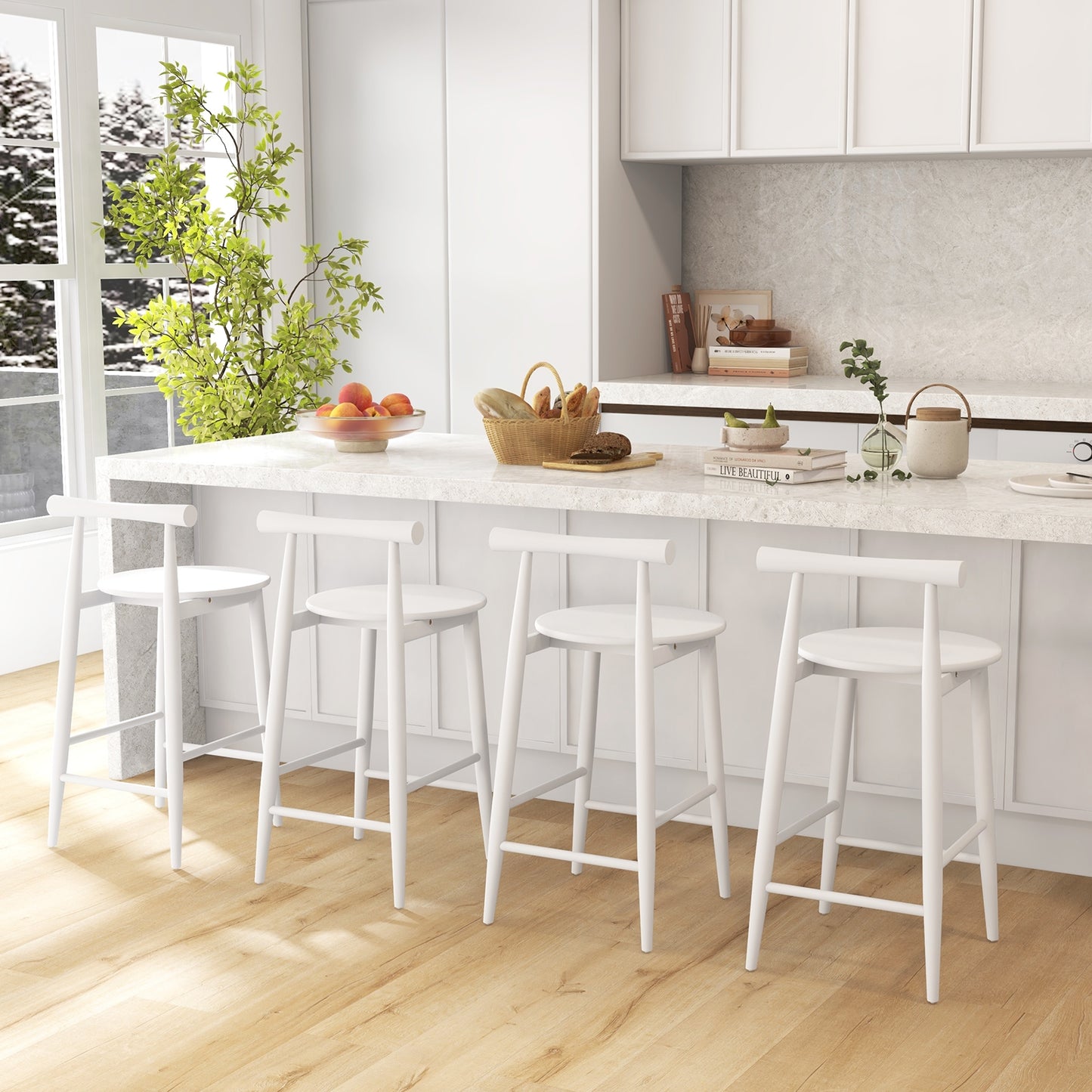 Counter Height Kitchen Island Chairs with Acacia Wood Base and Comfortable 24" Seat – White, Set of 2