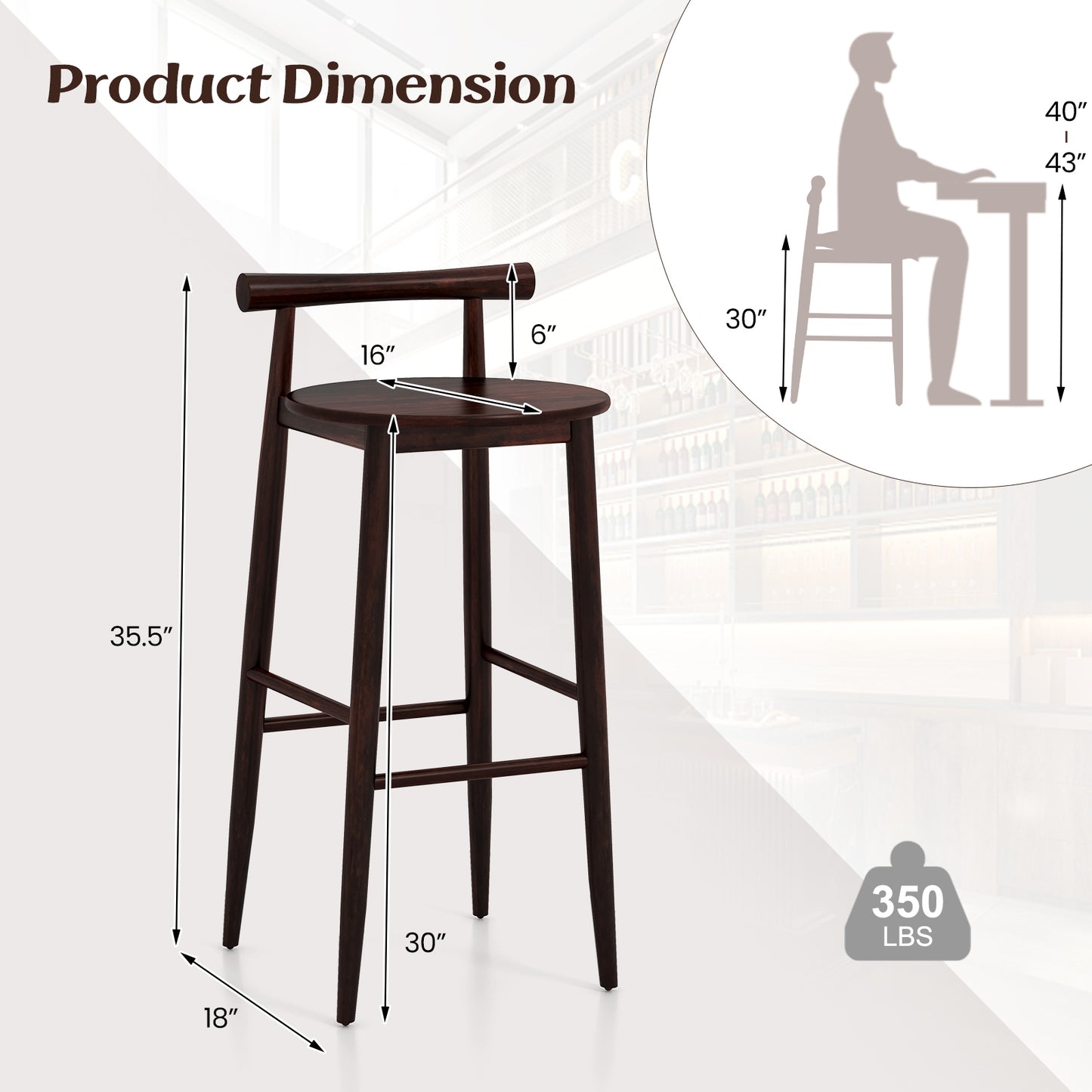 Counter Height Kitchen Island Chairs with Acacia Wood Base and Comfortable 30" Seat – Brown, Set of 2