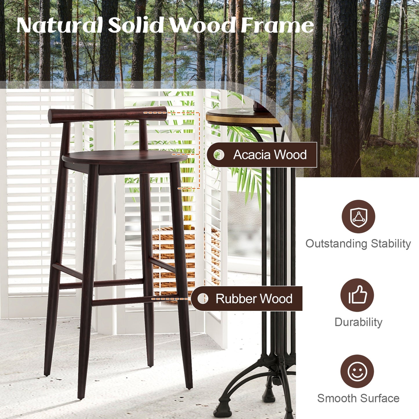Counter Height Kitchen Island Chairs with Acacia Wood Base and Comfortable 30" Seat – Brown, Set of 2