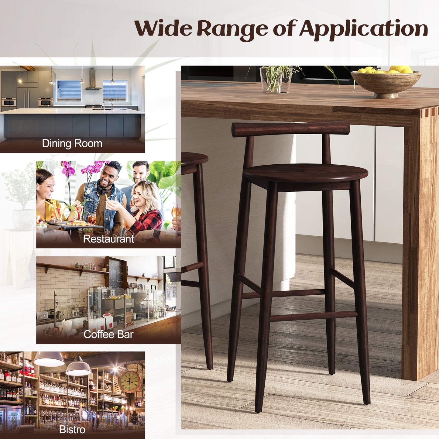 Counter Height Kitchen Island Chairs with Acacia Wood Base and Comfortable 30" Seat – Brown, Set of 2