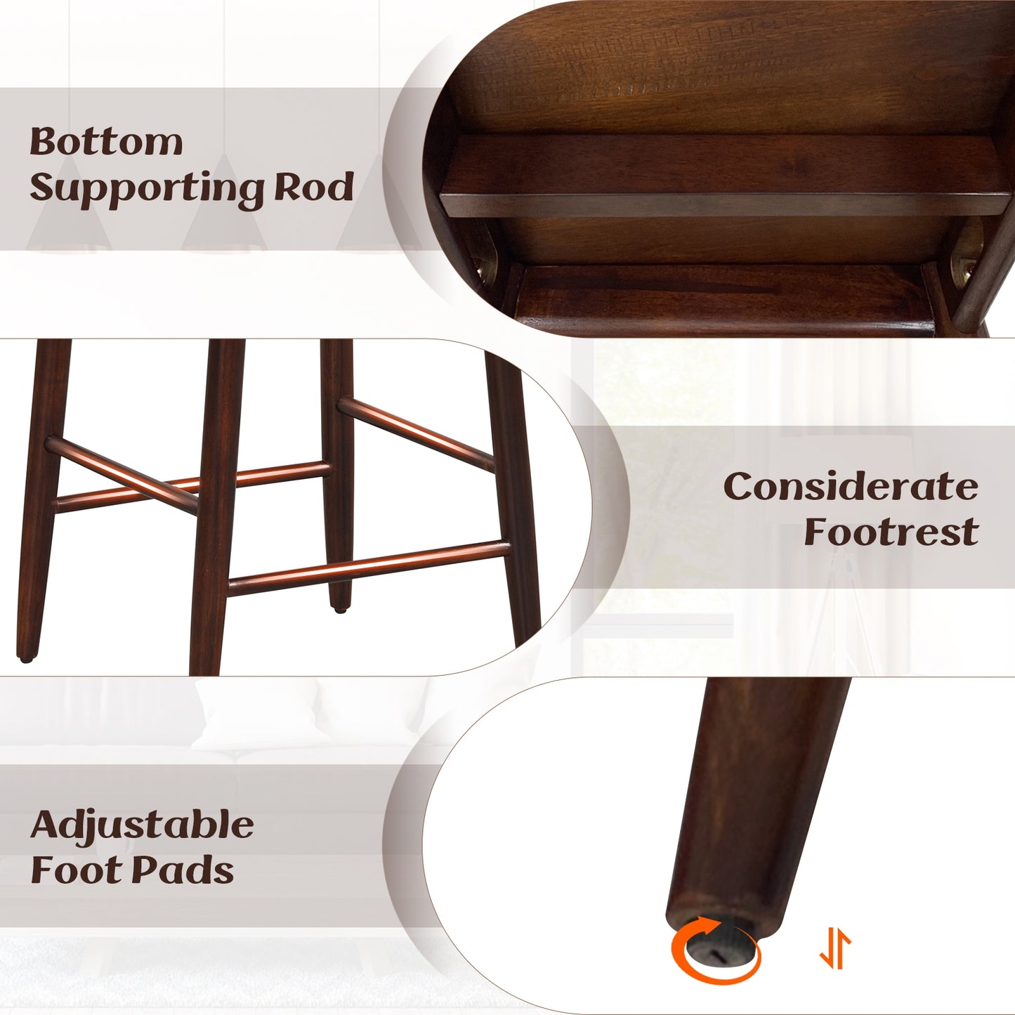 Counter Height Kitchen Island Chairs with Acacia Wood Base and Comfortable 30" Seat – Brown, Set of 2