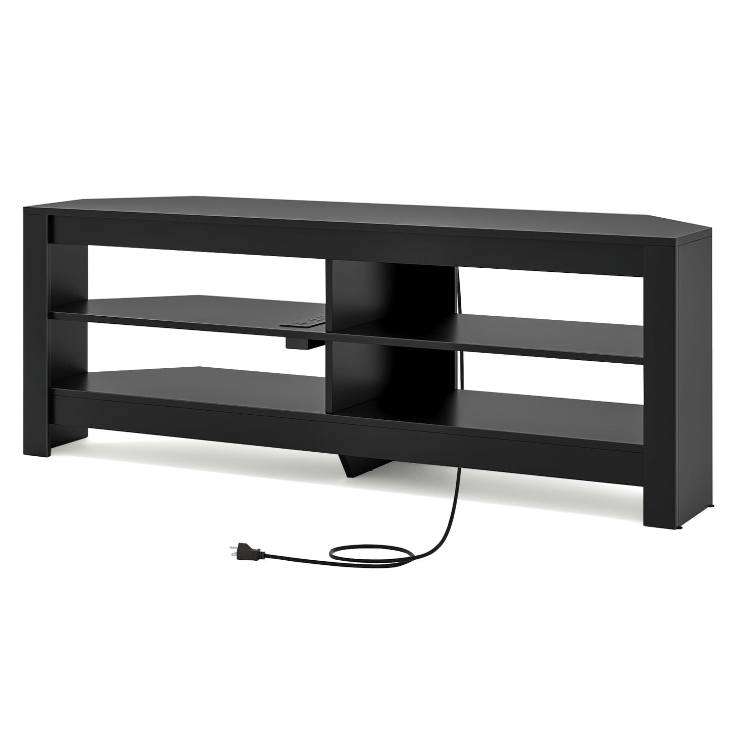 Corner TV Stand with Power Outlet, USB Ports, and 4 Open Storage Shelves, Fits TVs up to 65", Black
