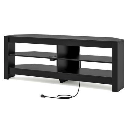 Corner TV Stand with Power Outlet, USB Ports, and 4 Open Storage Shelves, Fits TVs up to 65", Black