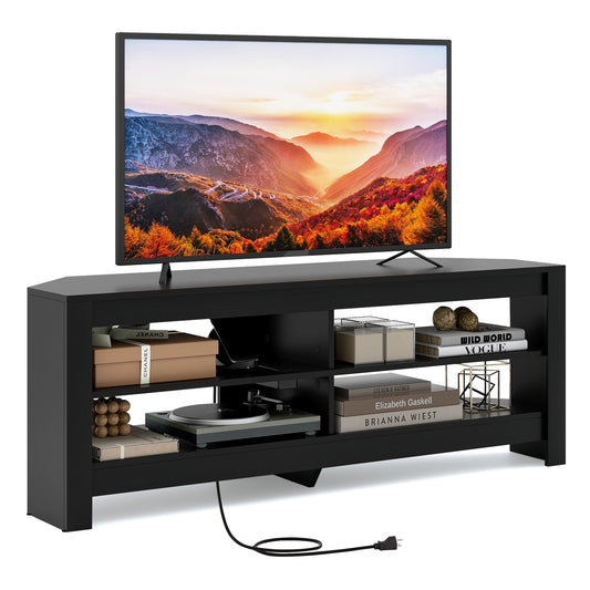 Corner TV Stand with Power Outlet, USB Ports, and 4 Open Storage Shelves, Fits TVs up to 65", Black