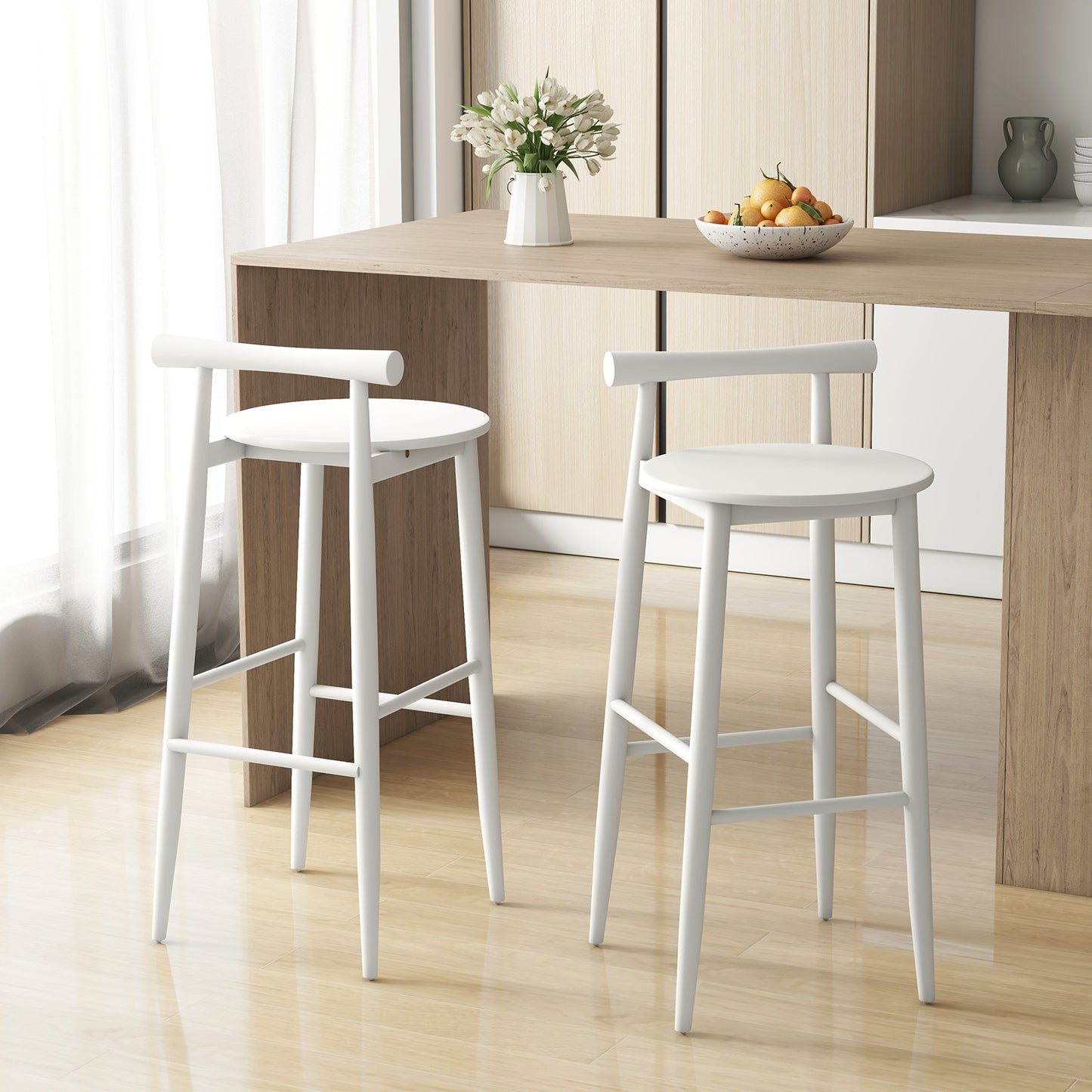 Counter Height Kitchen Island Chairs with Acacia Wood Base and Comfortable 30" Seat – White, Set of 2