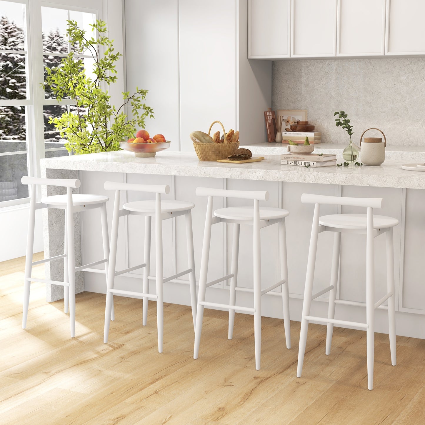 Counter Height Kitchen Island Chairs with Acacia Wood Base and Comfortable 30" Seat – White, Set of 2