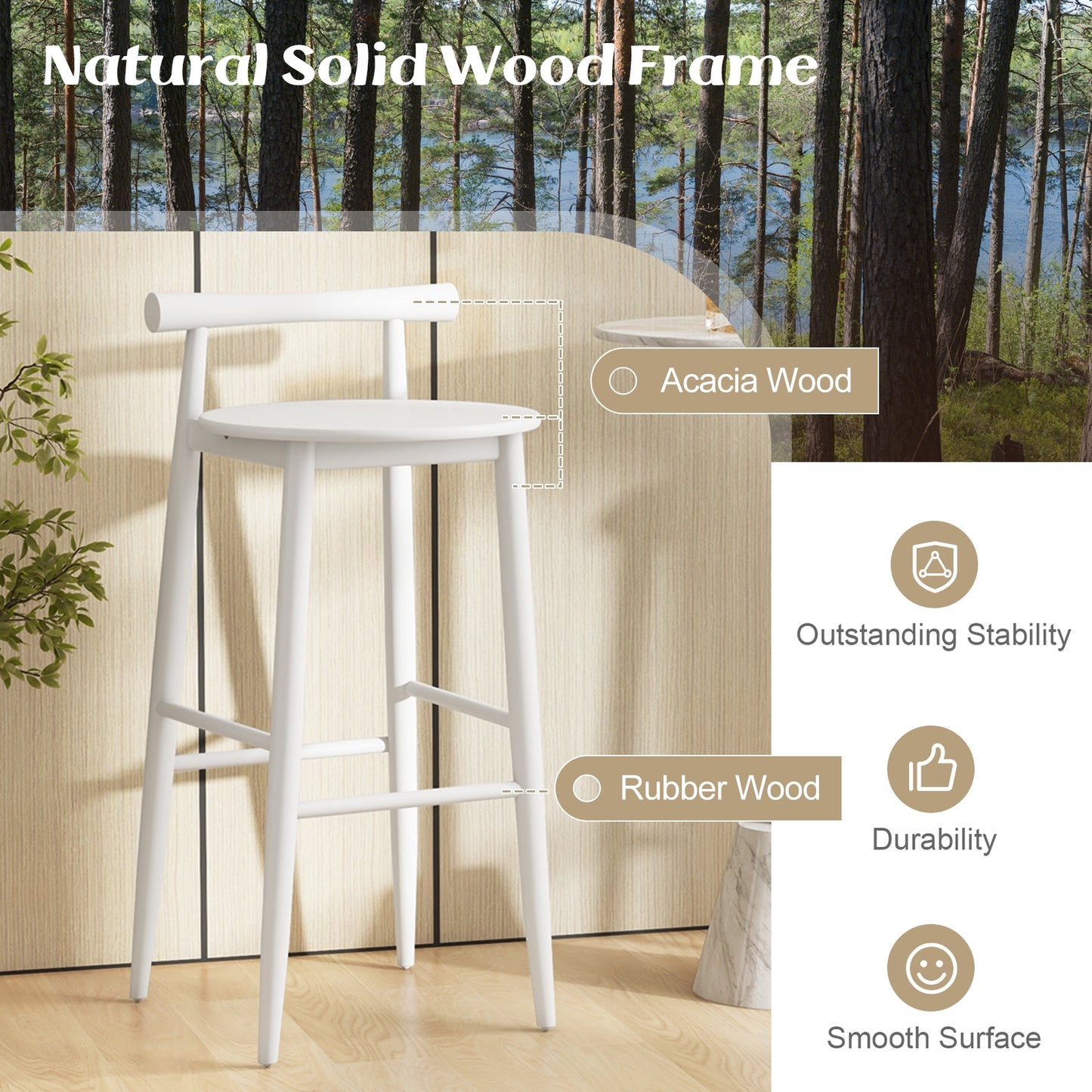 Counter Height Kitchen Island Chairs with Acacia Wood Base and Comfortable 30" Seat – White, Set of 2