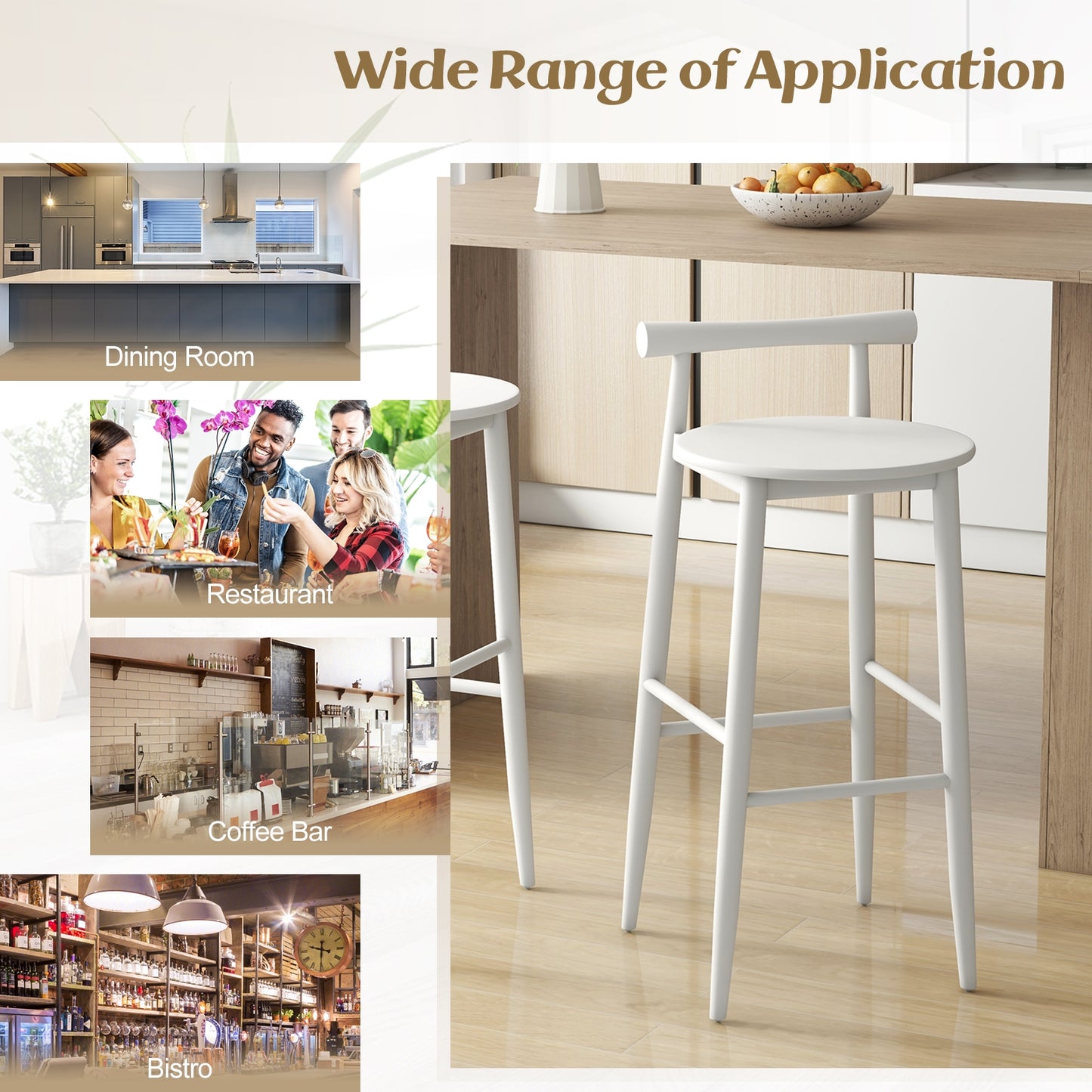 Counter Height Kitchen Island Chairs with Acacia Wood Base and Comfortable 30" Seat – White, Set of 2