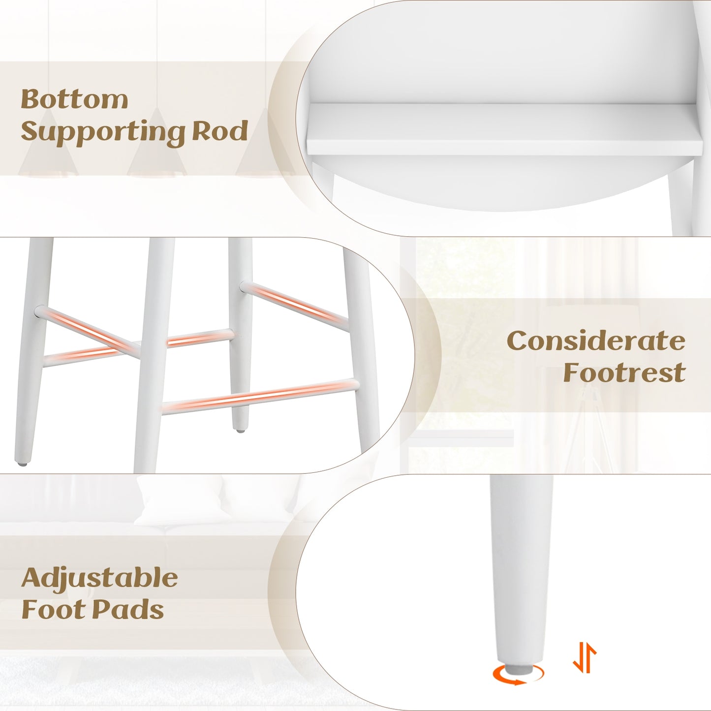 Counter Height Kitchen Island Chairs with Acacia Wood Base and Comfortable 30" Seat – White, Set of 2