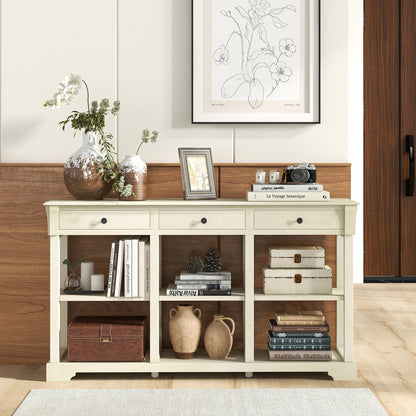 Vintage Style Console Table with Three Drawers and Open Shelves 58 Inch Entryway Accent Table - White