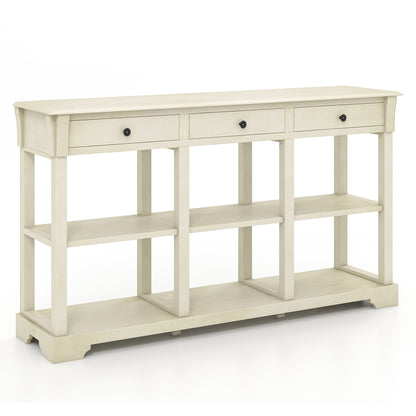 Vintage Style Console Table with Three Drawers and Open Shelves 58 Inch Entryway Accent Table - White