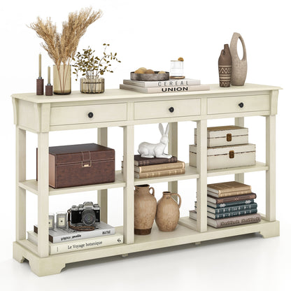 Vintage Style Console Table with Three Drawers and Open Shelves 58 Inch Entryway Accent Table - White