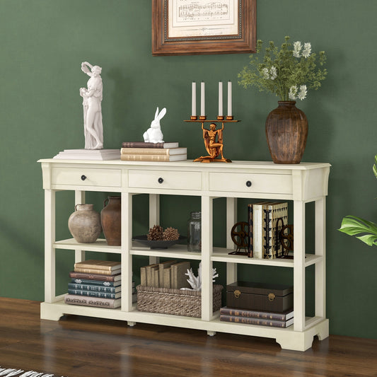 Vintage Style Console Table with Three Drawers and Open Shelves 58 Inch Entryway Accent Table - White