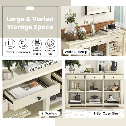 Vintage Style Console Table with Three Drawers and Open Shelves 58 Inch Entryway Accent Table - White