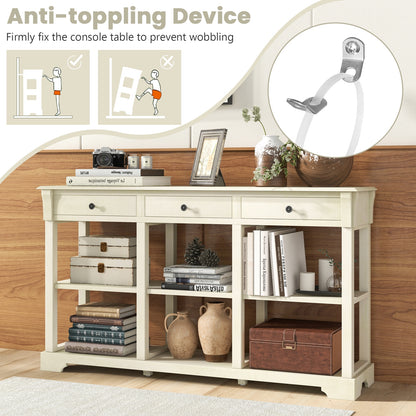 Vintage Style Console Table with Three Drawers and Open Shelves 58 Inch Entryway Accent Table - White
