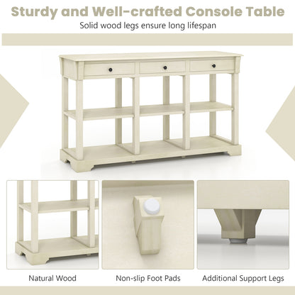 Vintage Style Console Table with Three Drawers and Open Shelves 58 Inch Entryway Accent Table - White
