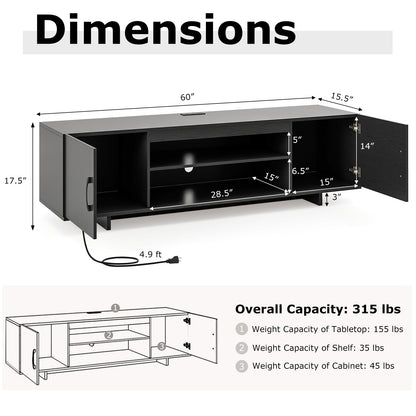 60 Inch TV Stand with Power Outlet, Cable Management, and Storage for 65 Inch TVs - Black