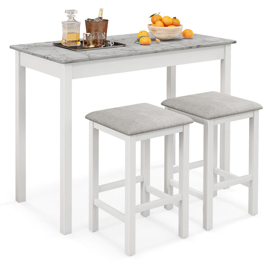 Modern Counter Height Dining Set with Table and 2 Padded Bar Stools in White Finish