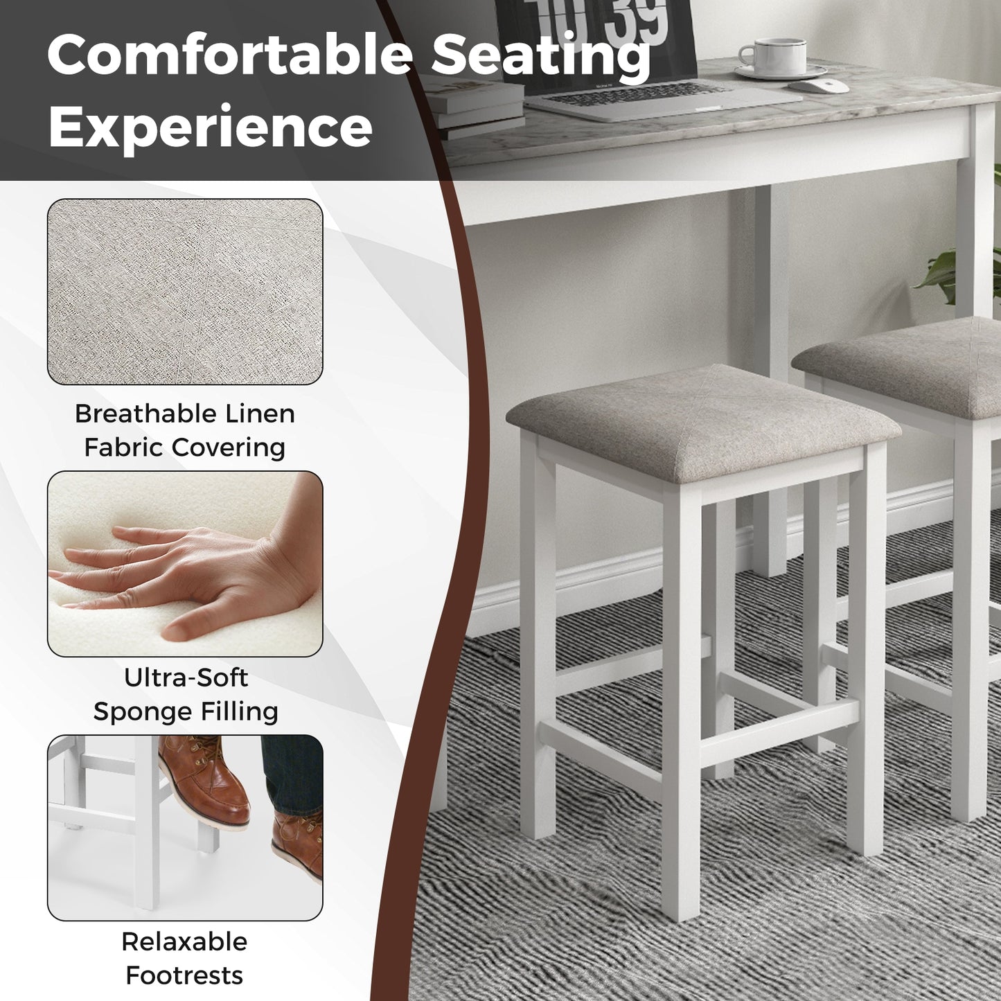 Modern Counter Height Dining Set with Table and 2 Padded Bar Stools in White Finish