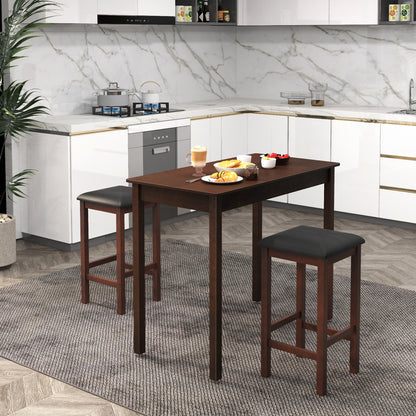 Modern Counter Height Dining Set with Table and 2 Padded Bar Stools in Brown Finish