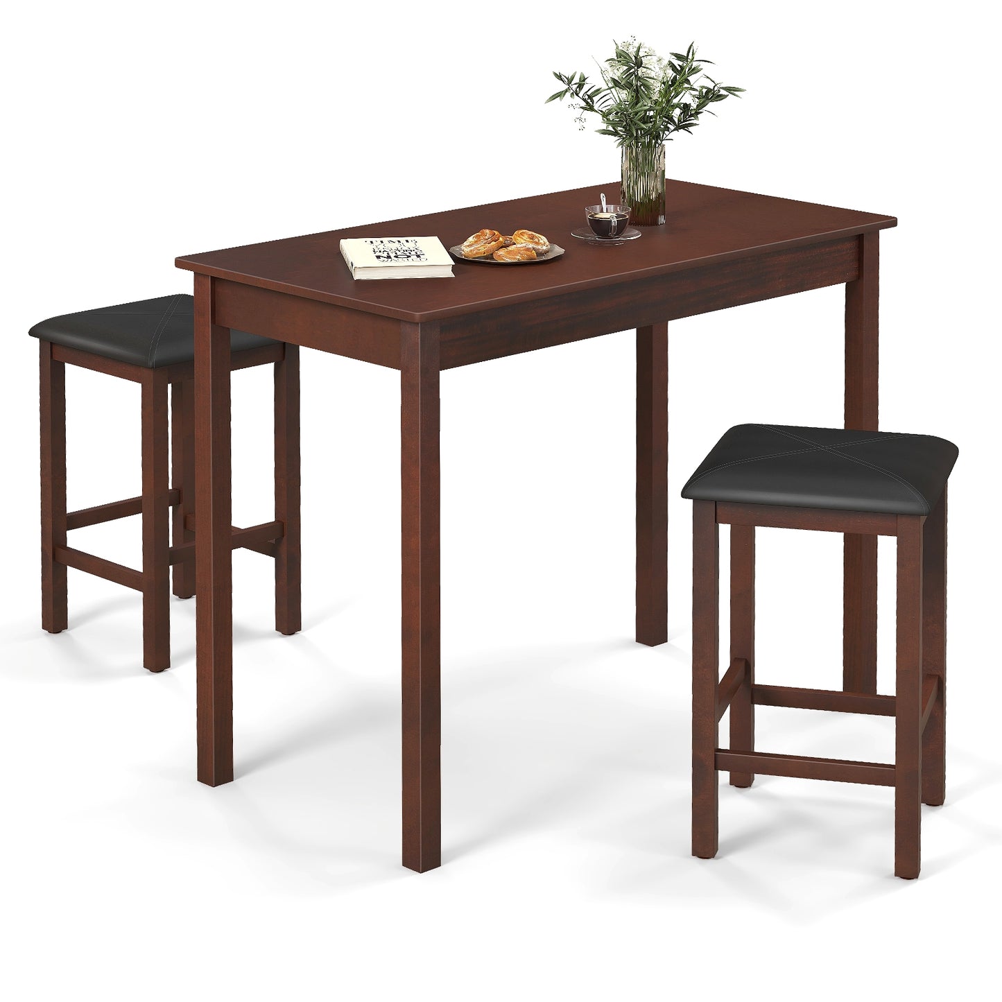 Modern Counter Height Dining Set with Table and 2 Padded Bar Stools in Brown Finish