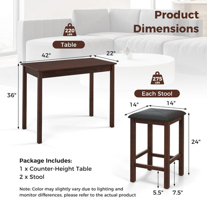 Modern Counter Height Dining Set with Table and 2 Padded Bar Stools in Brown Finish
