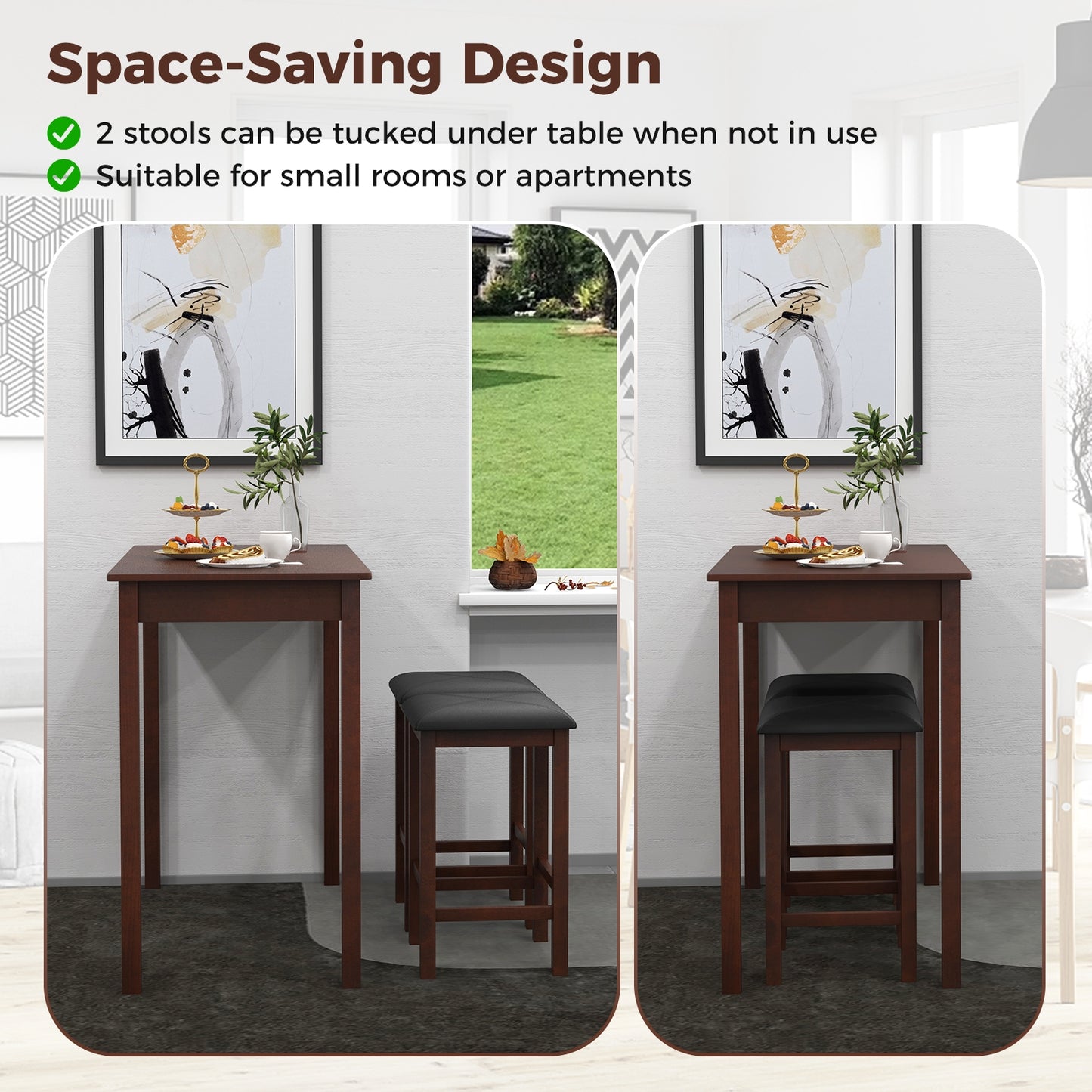 Modern Counter Height Dining Set with Table and 2 Padded Bar Stools in Brown Finish