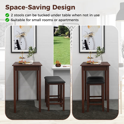 Modern Counter Height Dining Set with Table and 2 Padded Bar Stools in Brown Finish