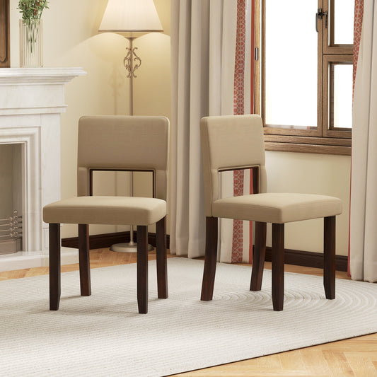 Modern Wooden Dining Chairs with Acacia Wood Frame and Padded Linen Seat and Back - Beige, Set of 2