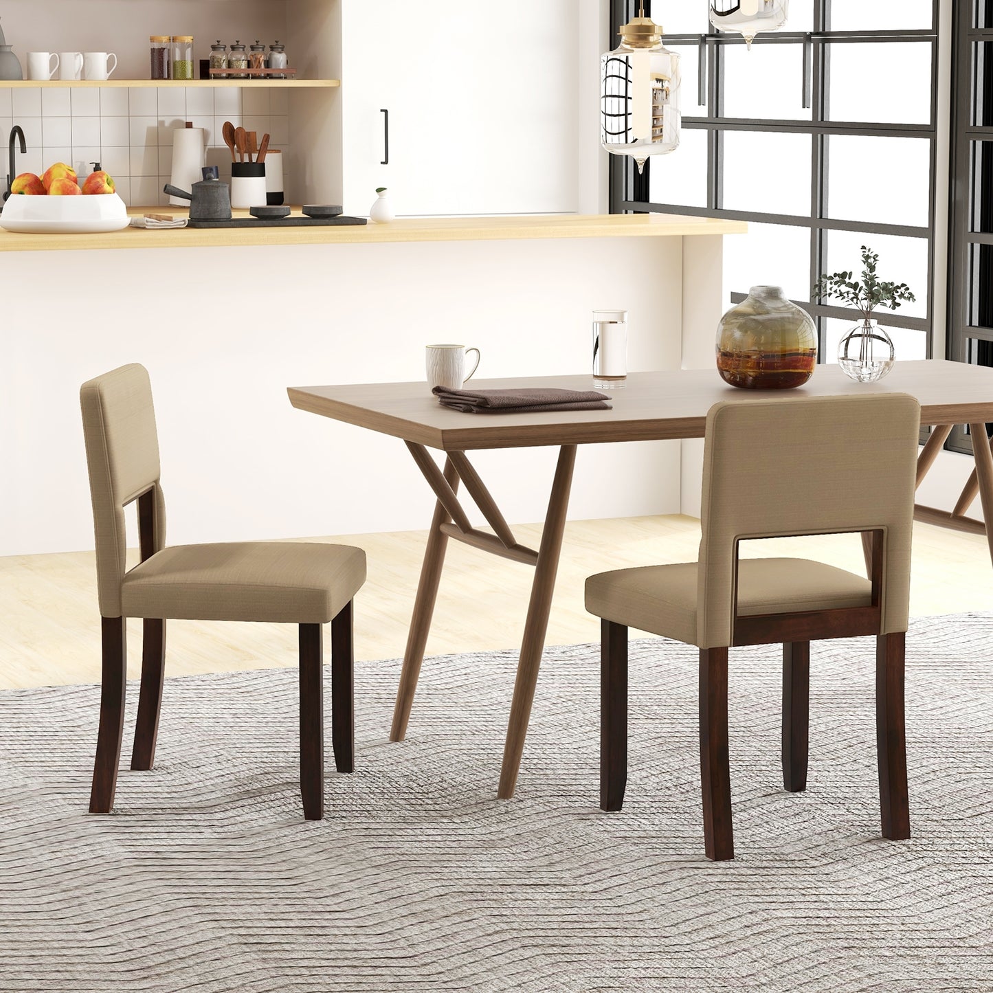 Modern Wooden Dining Chairs with Acacia Wood Frame and Padded Linen Seat and Back - Beige, Set of 2