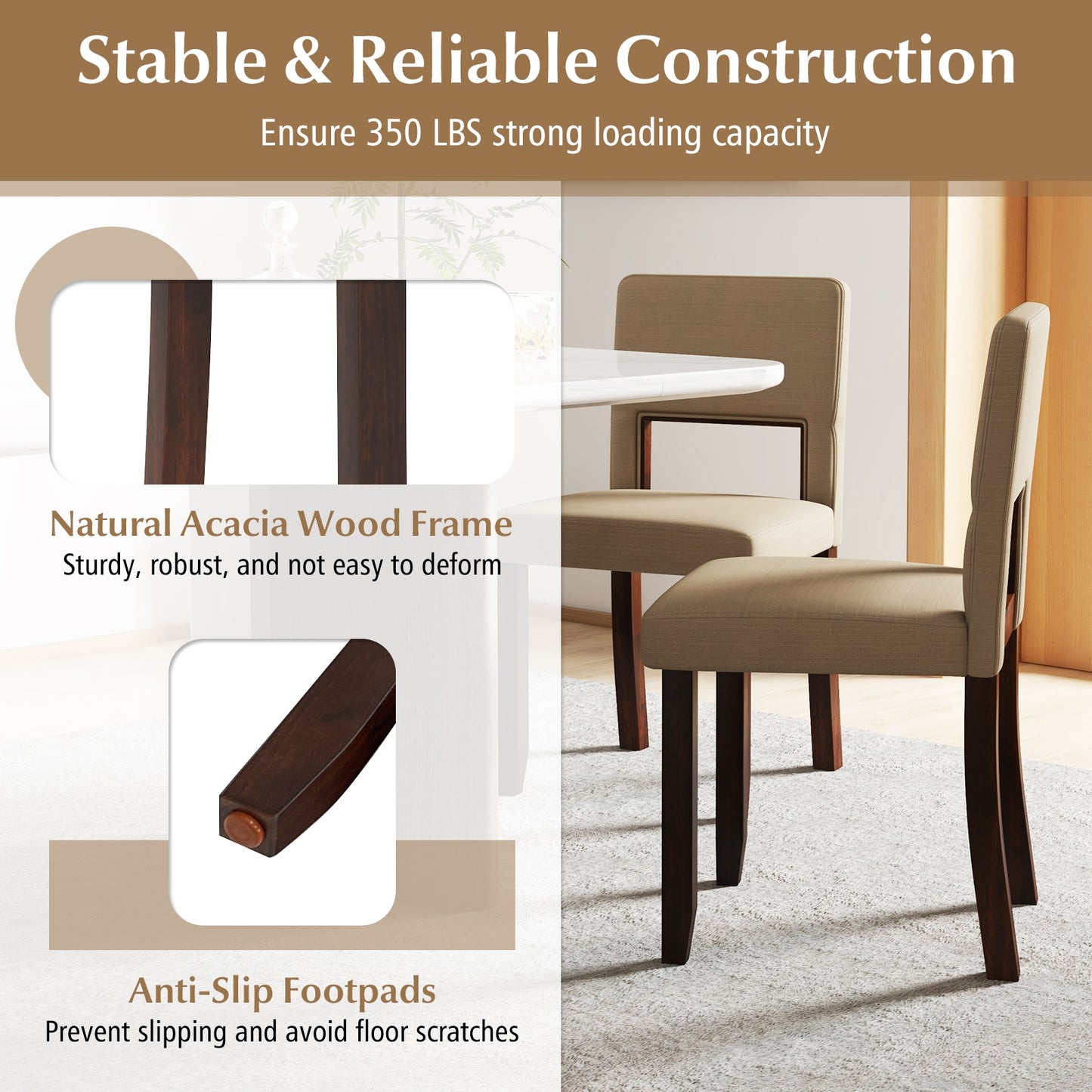 Modern Wooden Dining Chairs with Acacia Wood Frame and Padded Linen Seat and Back - Beige, Set of 2