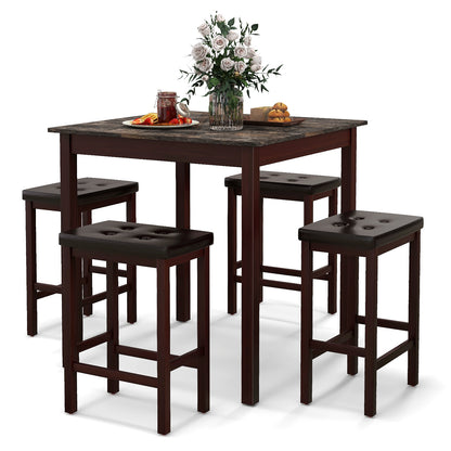 5-Piece Counter Height Bar Dining Set with 4 Upholstered Stools in Brown