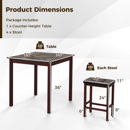 5-Piece Counter Height Bar Dining Set with 4 Upholstered Stools in Brown