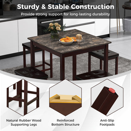5-Piece Counter Height Bar Dining Set with 4 Upholstered Stools in Brown