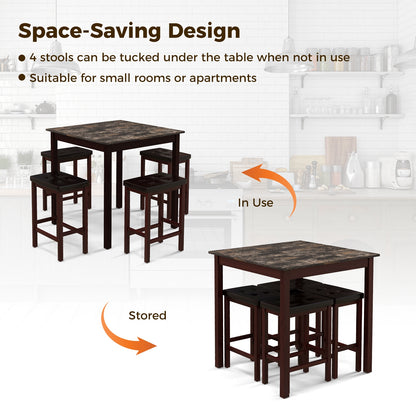 5-Piece Counter Height Bar Dining Set with 4 Upholstered Stools in Brown