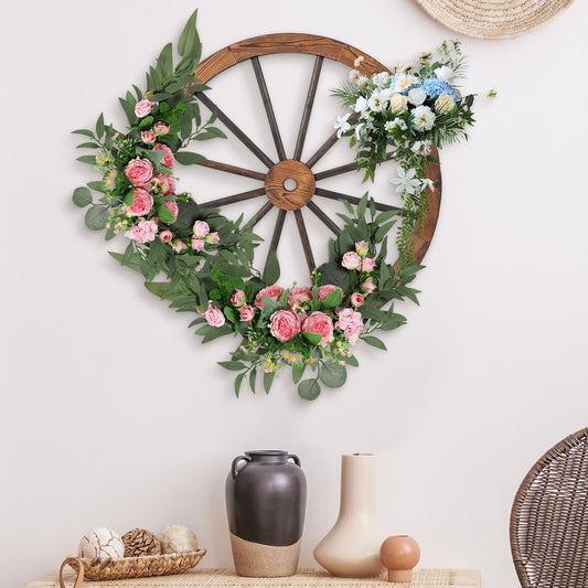 Set of 4 30 Inch Rustic Wooden Wagon Wheels – Vintage Inspired Wall Decor for Home & Garden