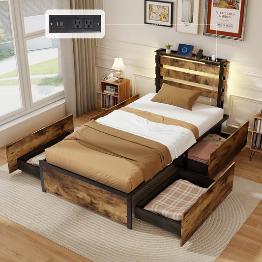 Rustic Brown Bed Frame with LED Lights, USB Ports, and Rolling Storage Drawers - Twin Size