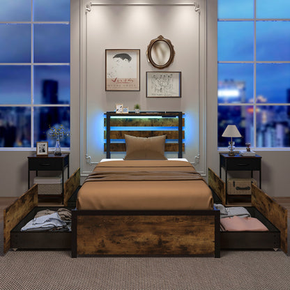 Rustic Brown Bed Frame with LED Lights, USB Ports, and Rolling Storage Drawers - Twin Size