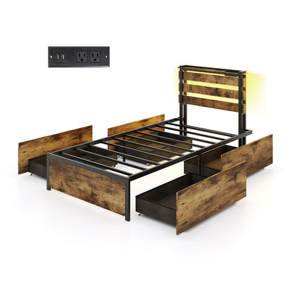 Rustic Brown Bed Frame with LED Lights, USB Ports, and Rolling Storage Drawers - Twin Size
