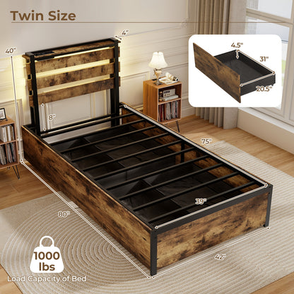 Rustic Brown Bed Frame with LED Lights, USB Ports, and Rolling Storage Drawers - Twin Size