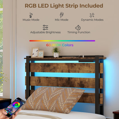 Rustic Brown Bed Frame with LED Lights, USB Ports, and Rolling Storage Drawers - Twin Size