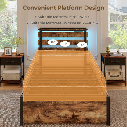 Rustic Brown Bed Frame with LED Lights, USB Ports, and Rolling Storage Drawers - Twin Size