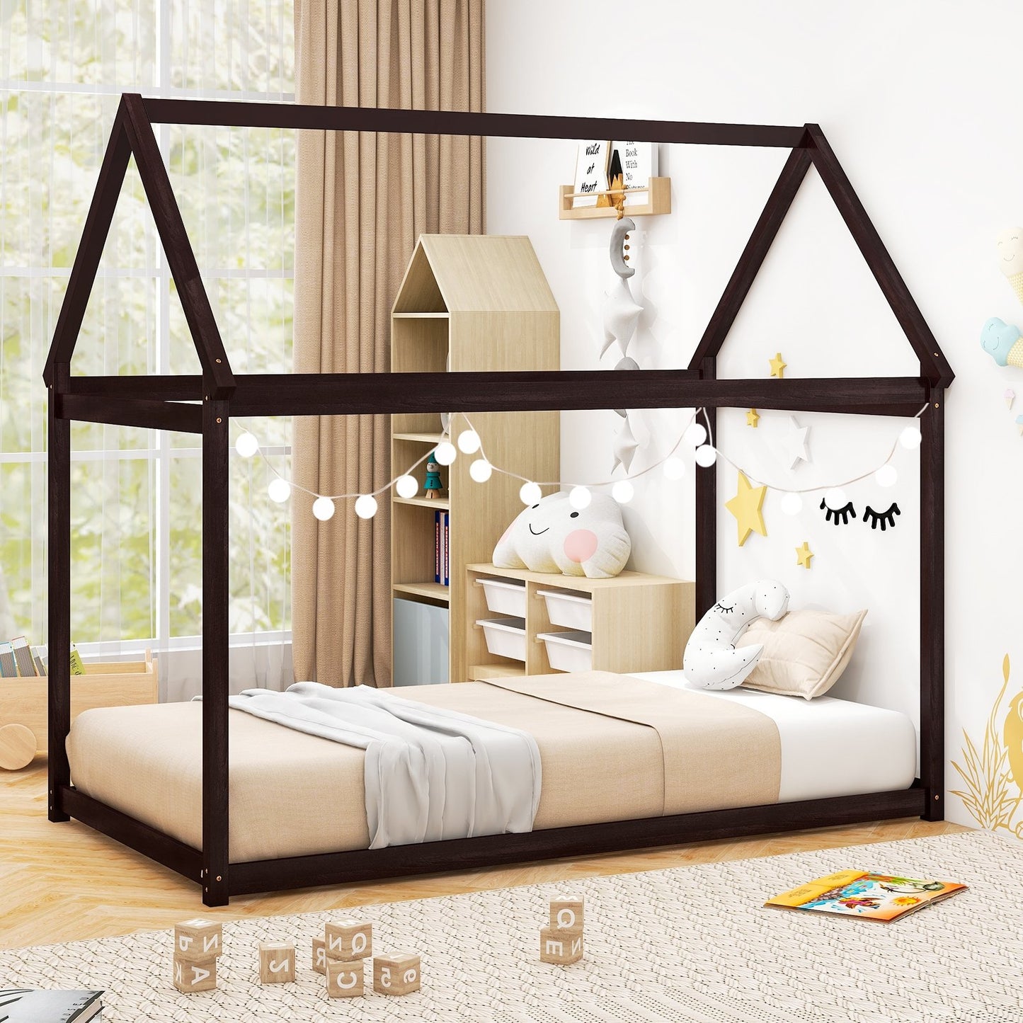 Durable Twin Platform Kids Bed with Roof and Heavy-Duty Slats – Espresso