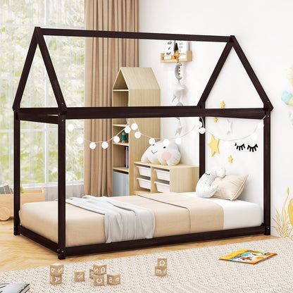 Durable Twin Platform Kids Bed with Roof and Heavy-Duty Slats – Espresso
