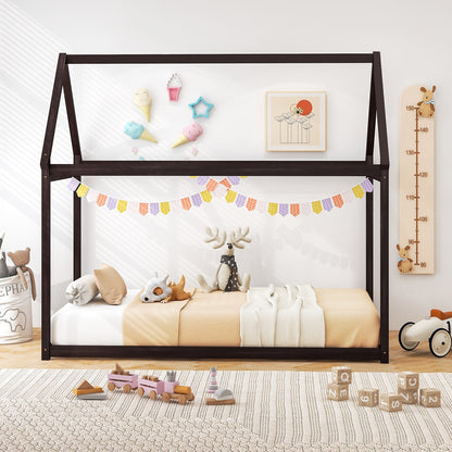 Durable Twin Platform Kids Bed with Roof and Heavy-Duty Slats – Espresso