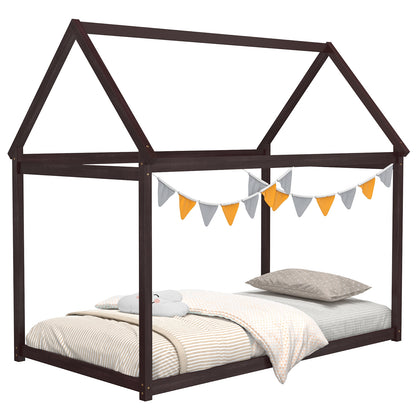 Durable Twin Platform Kids Bed with Roof and Heavy-Duty Slats – Espresso